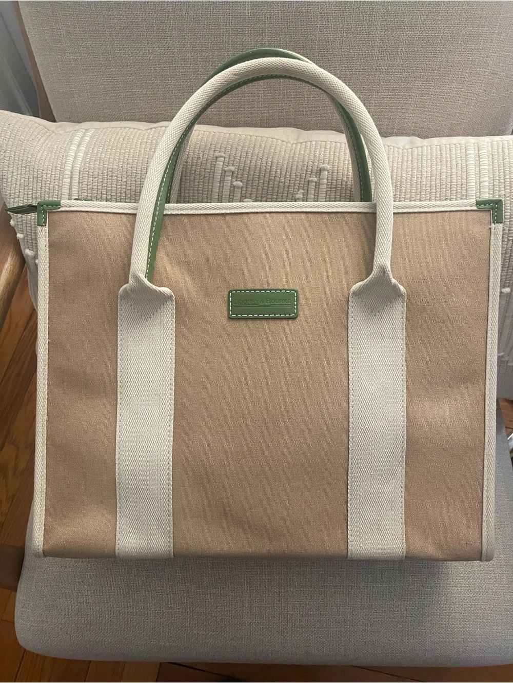 Rare Dooney & Bourke Neutral Canvas Laptop Bag with Green Leather Trim